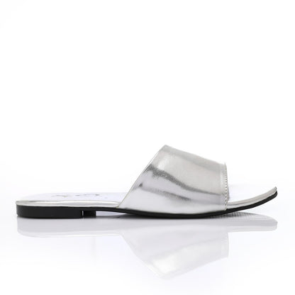 Faux Leather Metallic Flat Slippers - Silver