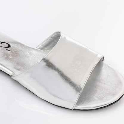 Faux Leather Metallic Flat Slippers - Silver