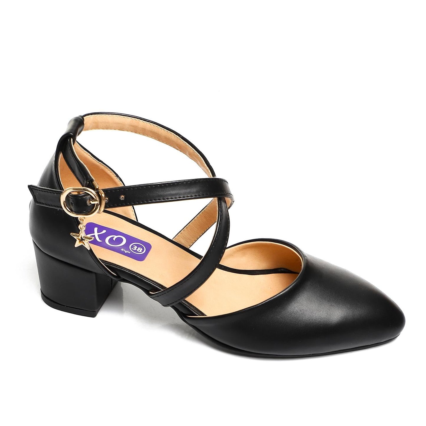 Faux Leather Criss-Cross Strap Block Heel Pump - Black