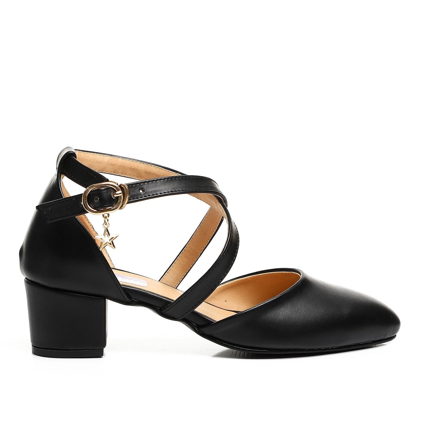 Faux Leather Criss-Cross Strap Block Heel Pump - Black