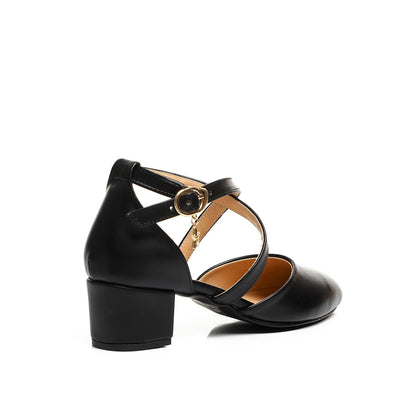 Faux Leather Criss-Cross Strap Block Heel Pump - Black