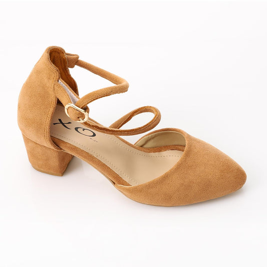 Suede D'Orsay Ankle Strap Block Heel - Camel