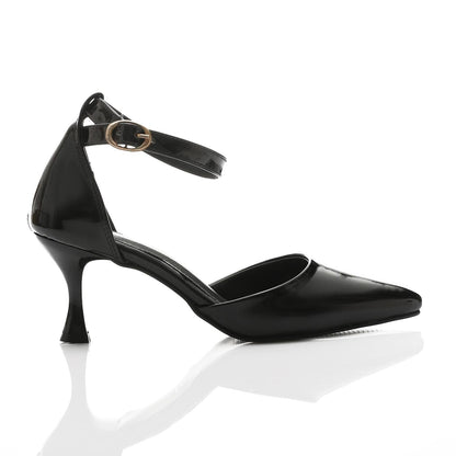 Faux Leather Kitten Heel Pointed Shoes - Black
