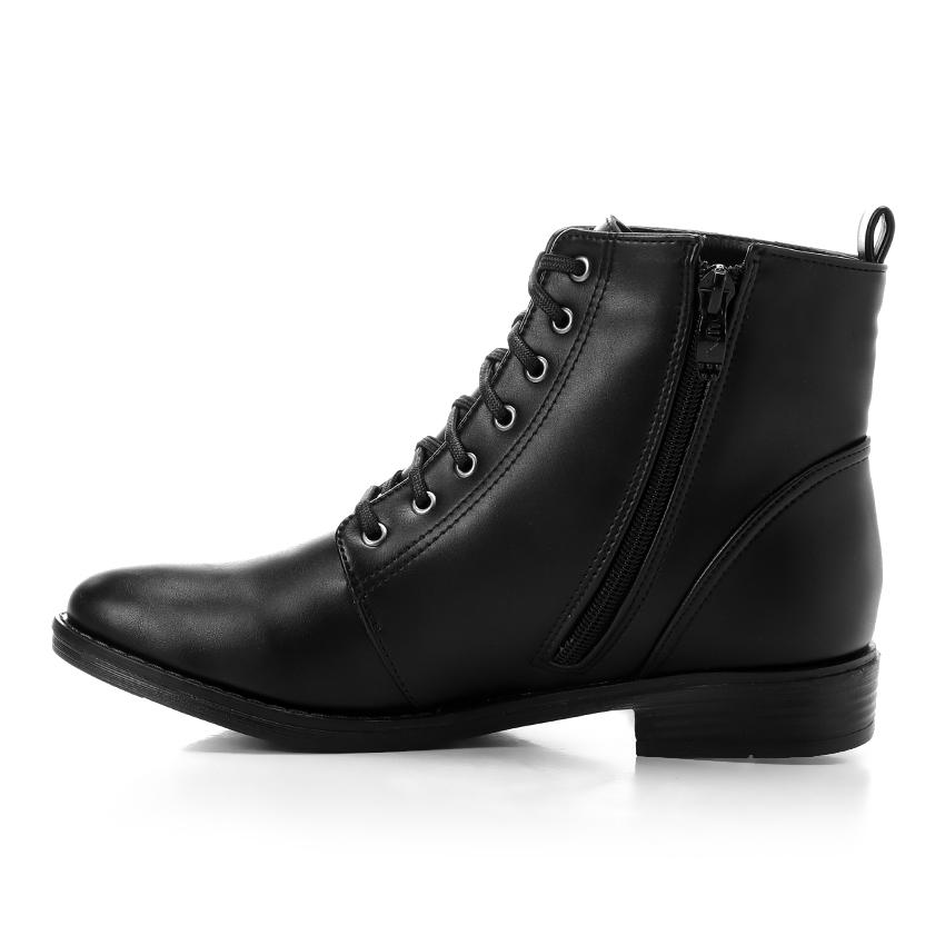 Faux Leather Solid Combat Boot - Black