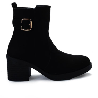 Faux Leather Suede Ankle Boot - Black