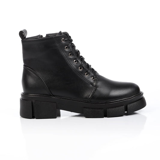 Faux Leather Ankle Boot - Black