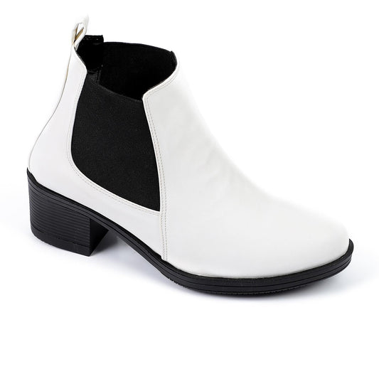Faux Leather Block Heels Chelsea Boots - White