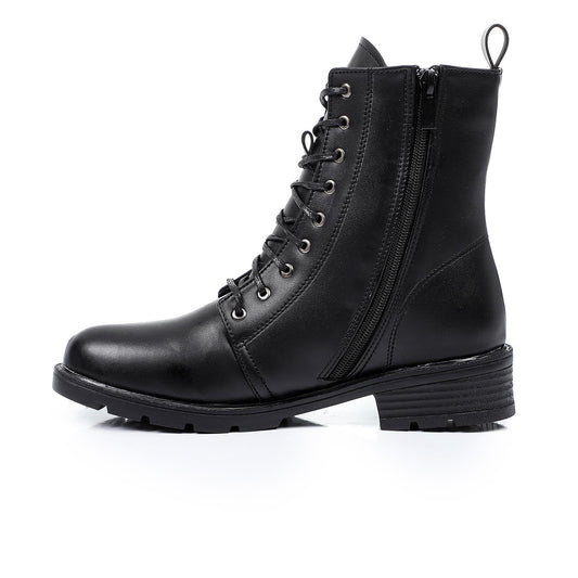 Faux Leather Solid Combat Boot - Black
