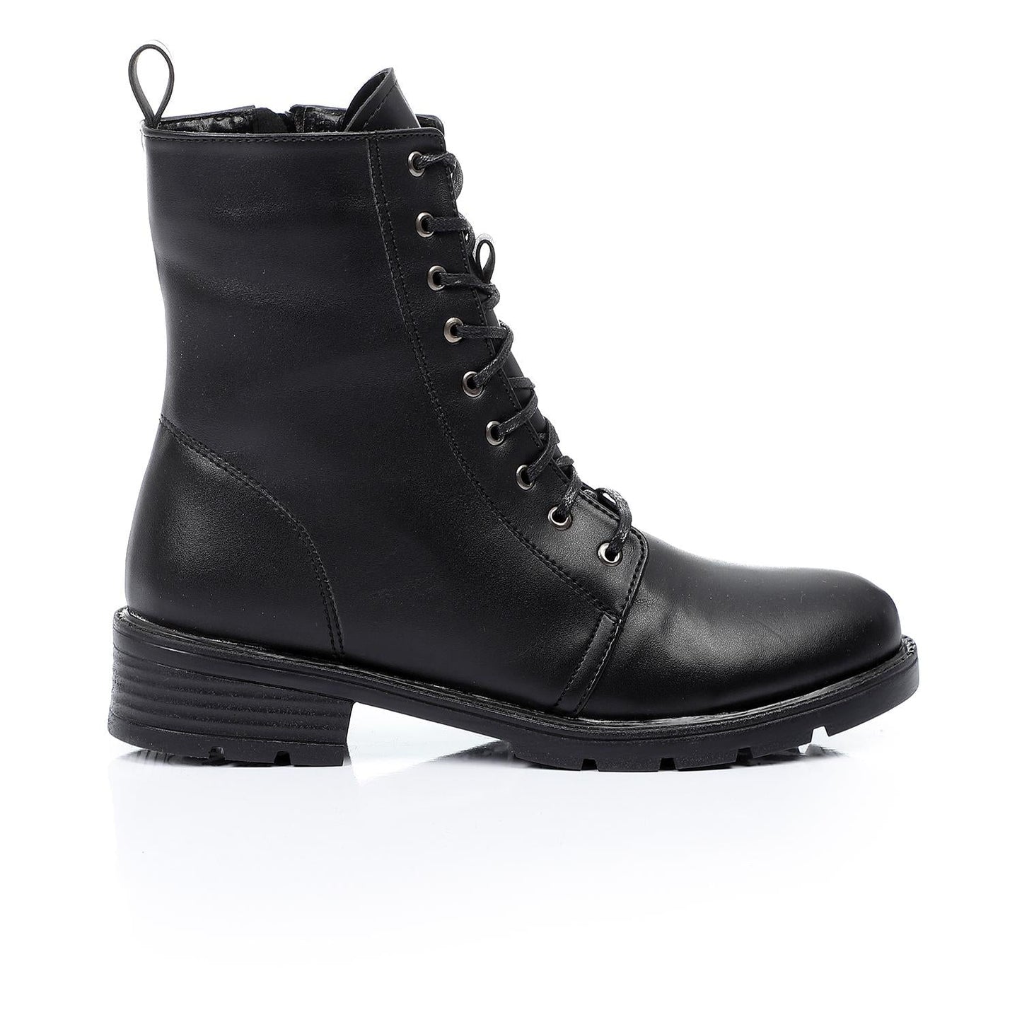 Faux Leather Solid Combat Boot - Black