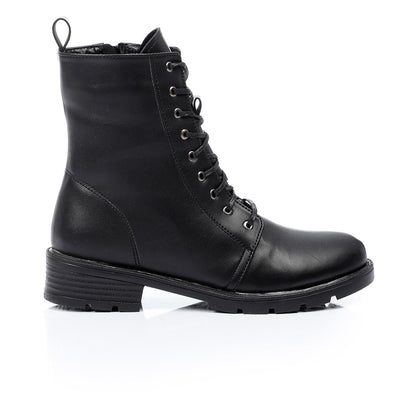 Faux Leather Solid Combat Boot - Black
