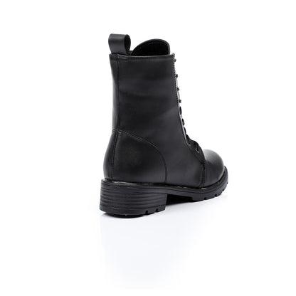 Faux Leather Solid Combat Boot - Black