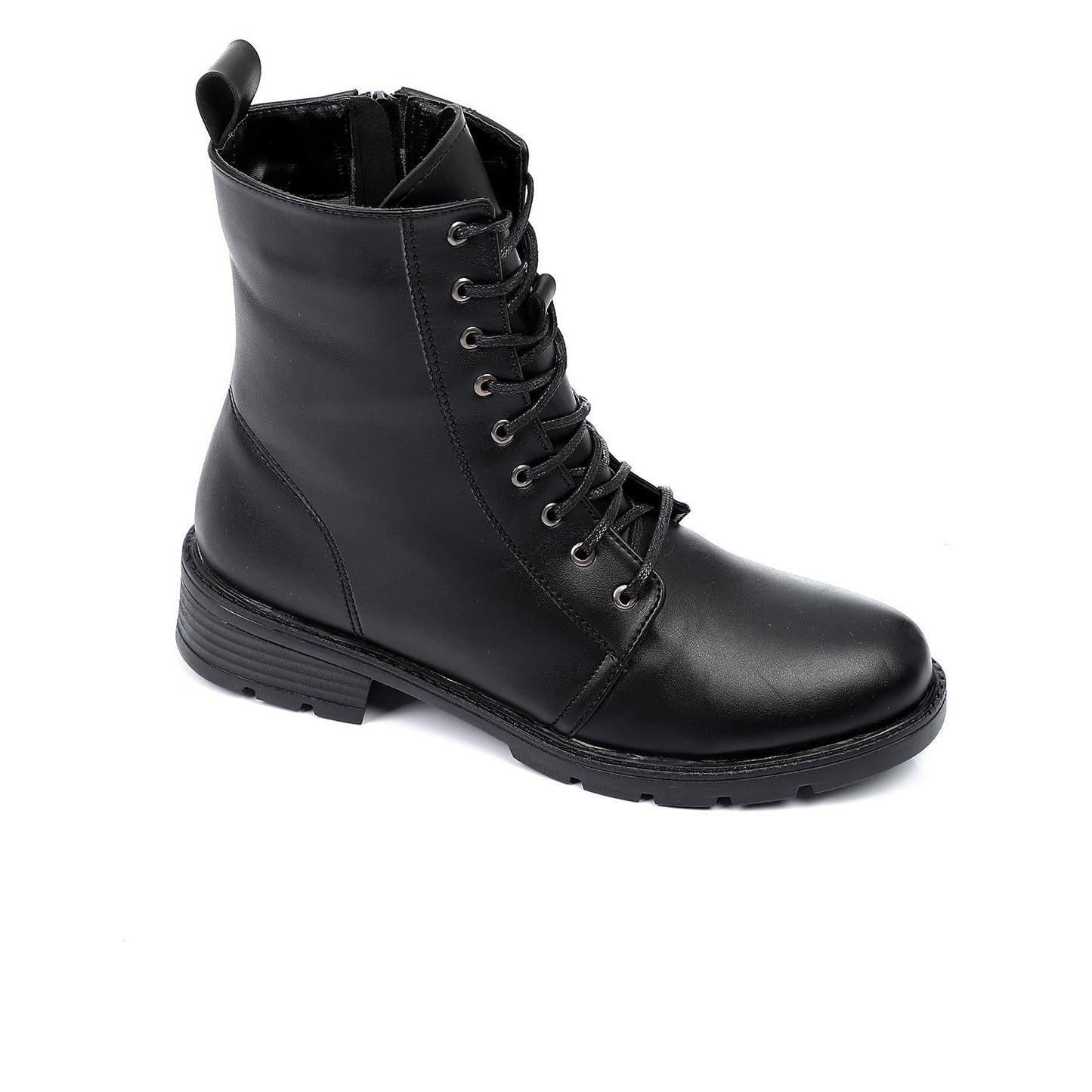 Faux Leather Solid Combat Boot - Black