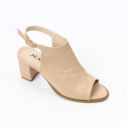 Leather Peep-Toe Block Heel Sandals - Beige
