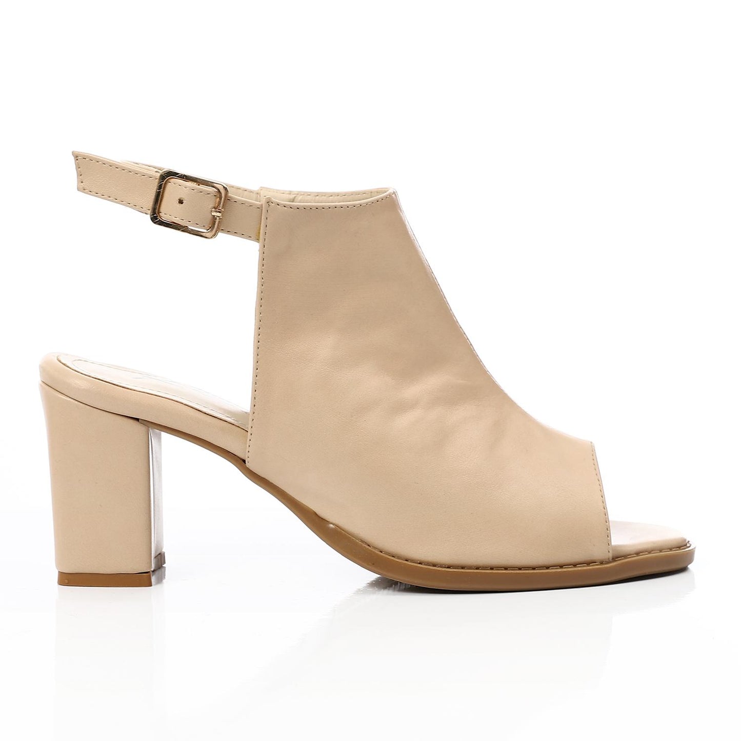 Leather Peep-Toe Block Heel Sandals - Beige