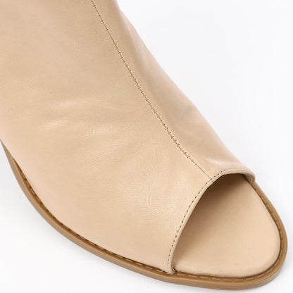 Leather Peep-Toe Block Heel Sandals - Beige