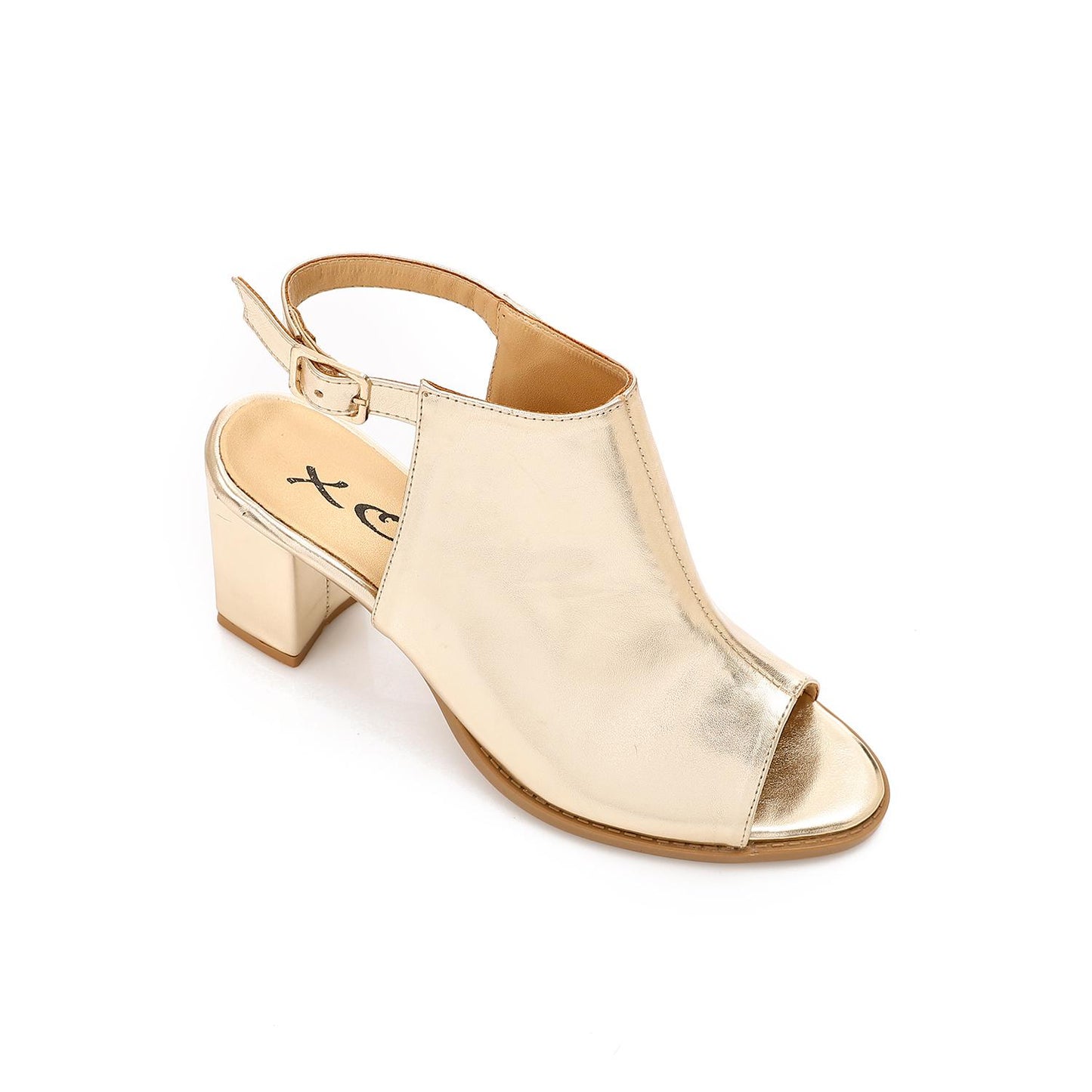 Leather Peep-Toe Block Heel Sandals - Gold