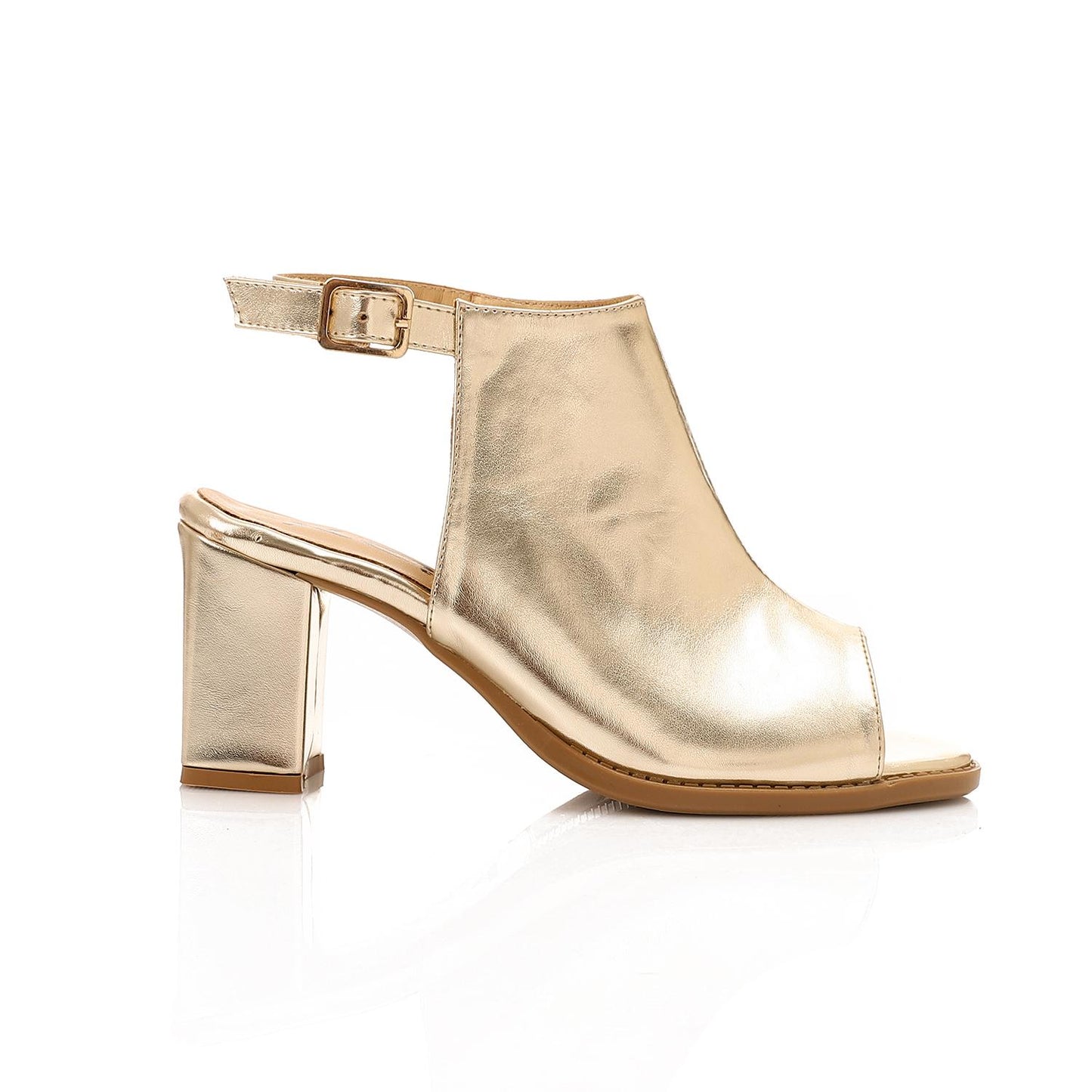 Leather Peep-Toe Block Heel Sandals - Gold