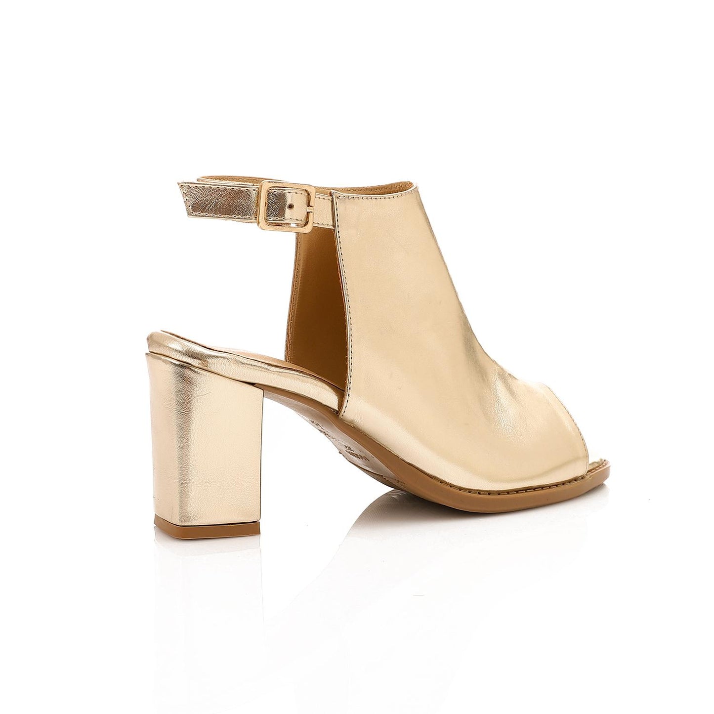 Leather Peep-Toe Block Heel Sandals - Gold
