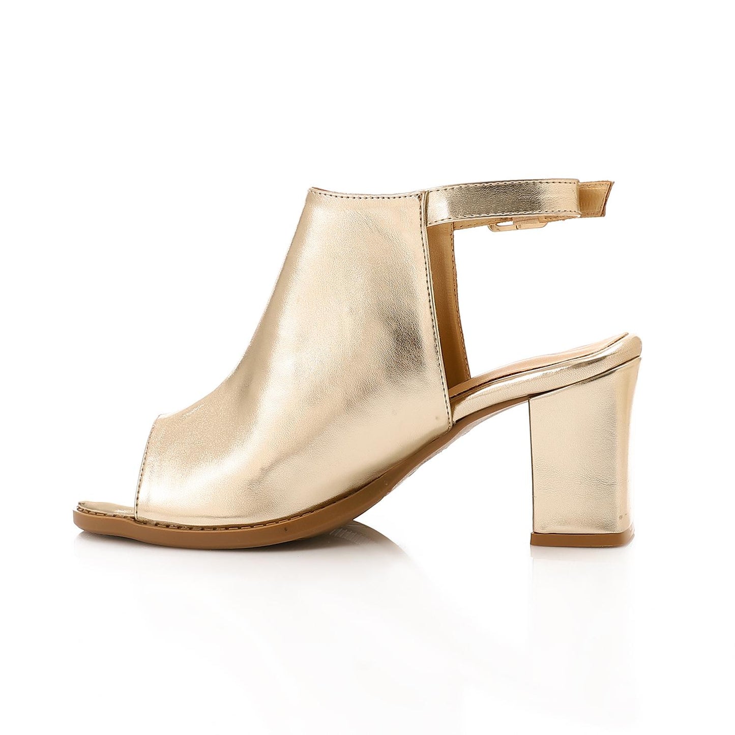 Leather Peep-Toe Block Heel Sandals - Gold