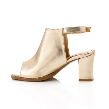 Leather Peep-Toe Block Heel Sandals - Gold