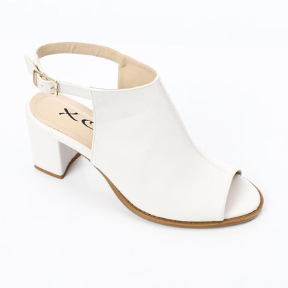 Leather Peep-Toe Block Heel Sandals - White