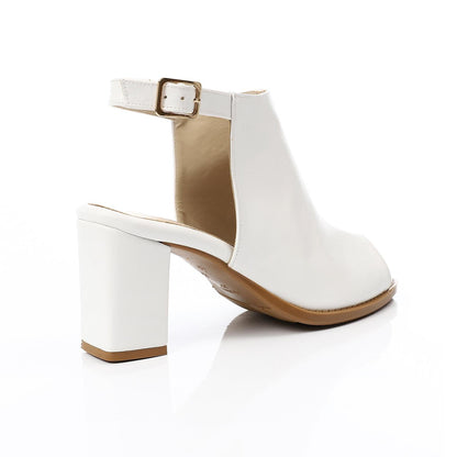 Leather Peep-Toe Block Heel Sandals - White