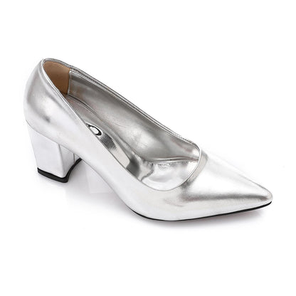 Faux Leather Pointed Toe Pumps - Silver