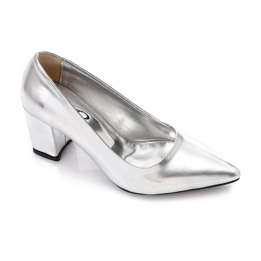 Faux Leather Pointed Toe Pumps - Silver