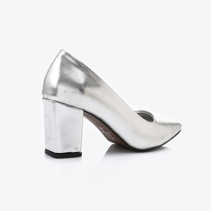 Faux Leather Pointed Toe Pumps - Silver
