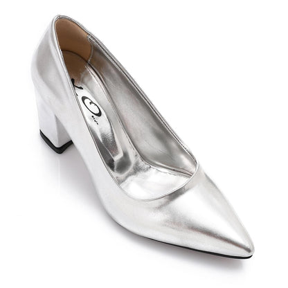 Faux Leather Pointed Toe Pumps - Silver