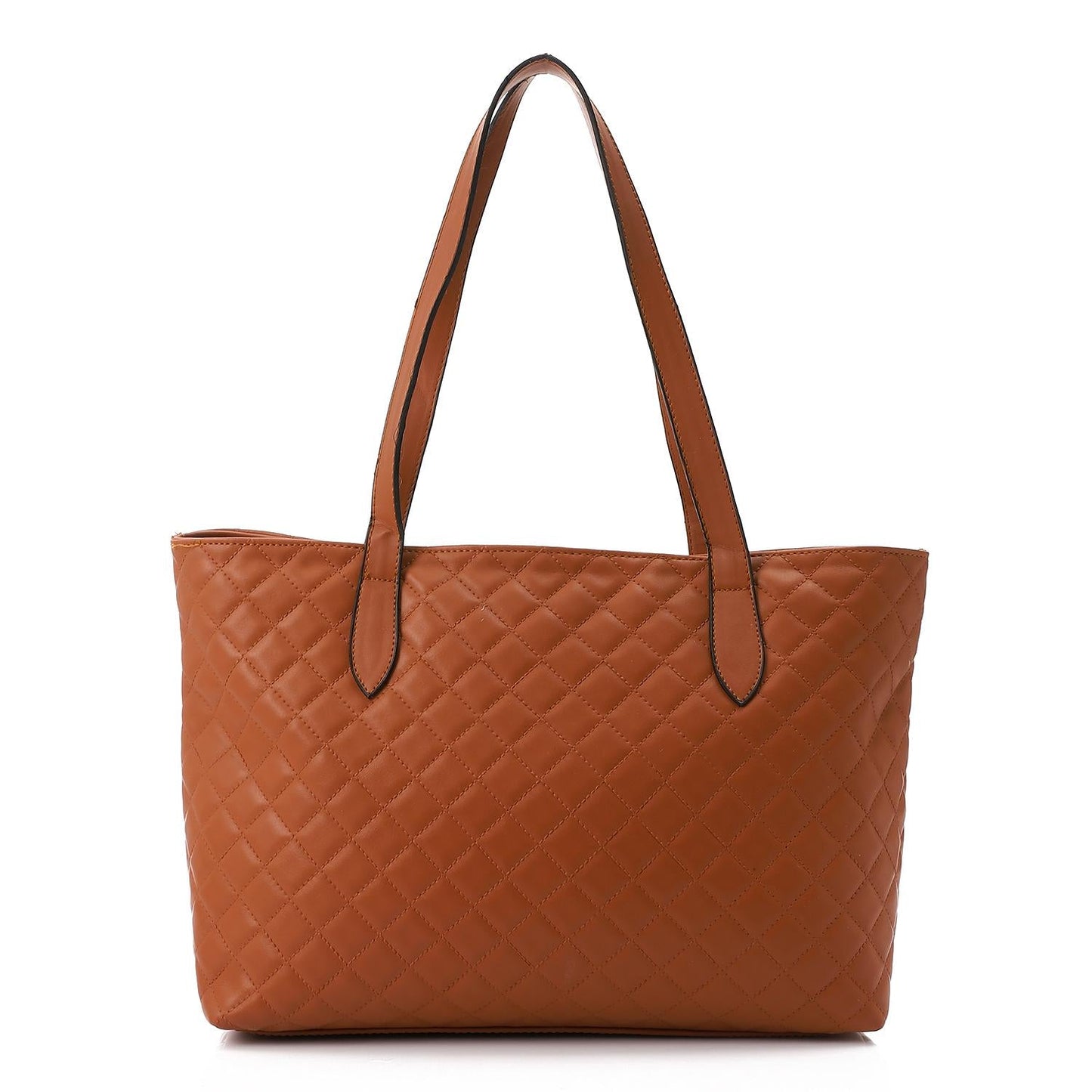 Faux Leather Quilted Tote Bag - Camel