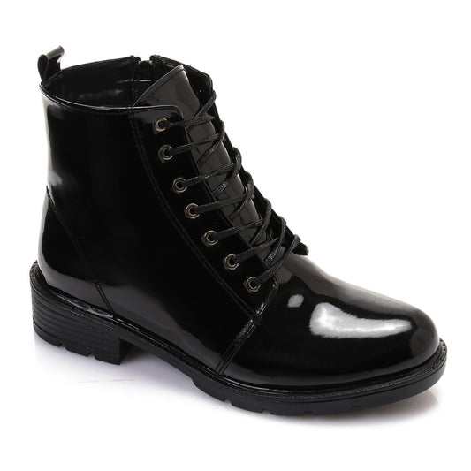 Faux Leather Solid Combat Boot - Black