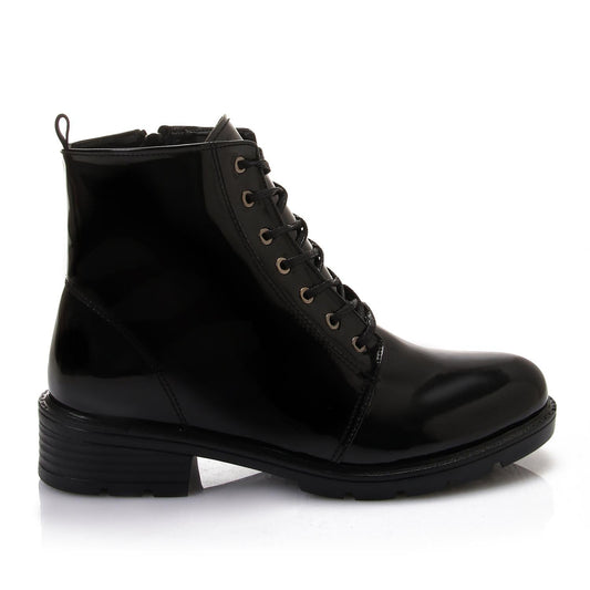 Faux Leather Solid Combat Boot - Black