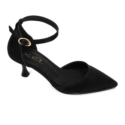Leather Pointed-Toe Ankle Strap Heel - Black