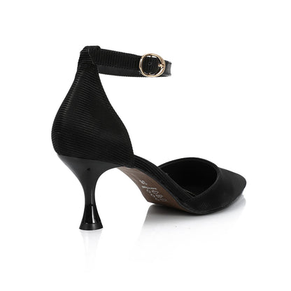 Leather Pointed-Toe Ankle Strap Heel - Black