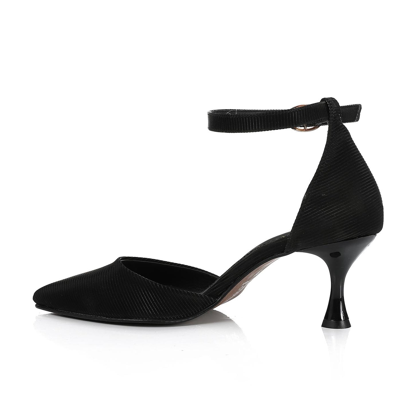 Leather Pointed-Toe Ankle Strap Heel - Black