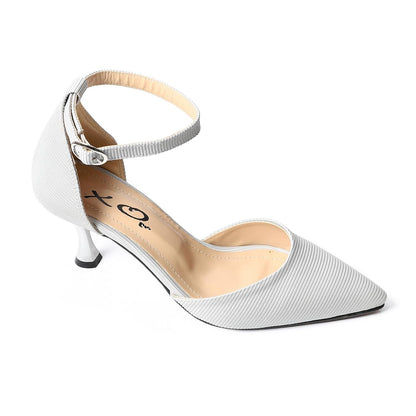 Textured Leather Ankle Strap Heels - Silver