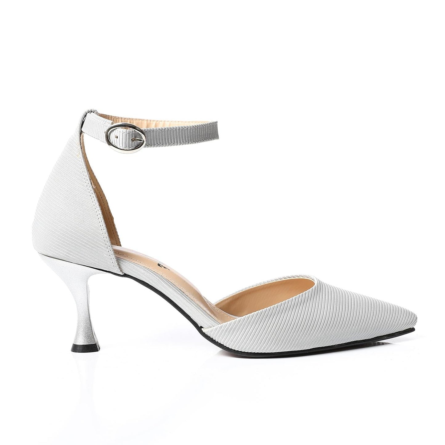 Textured Leather Ankle Strap Heels - Silver