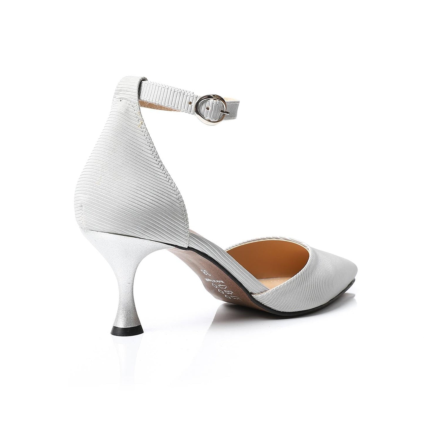 Textured Leather Ankle Strap Heels - Silver