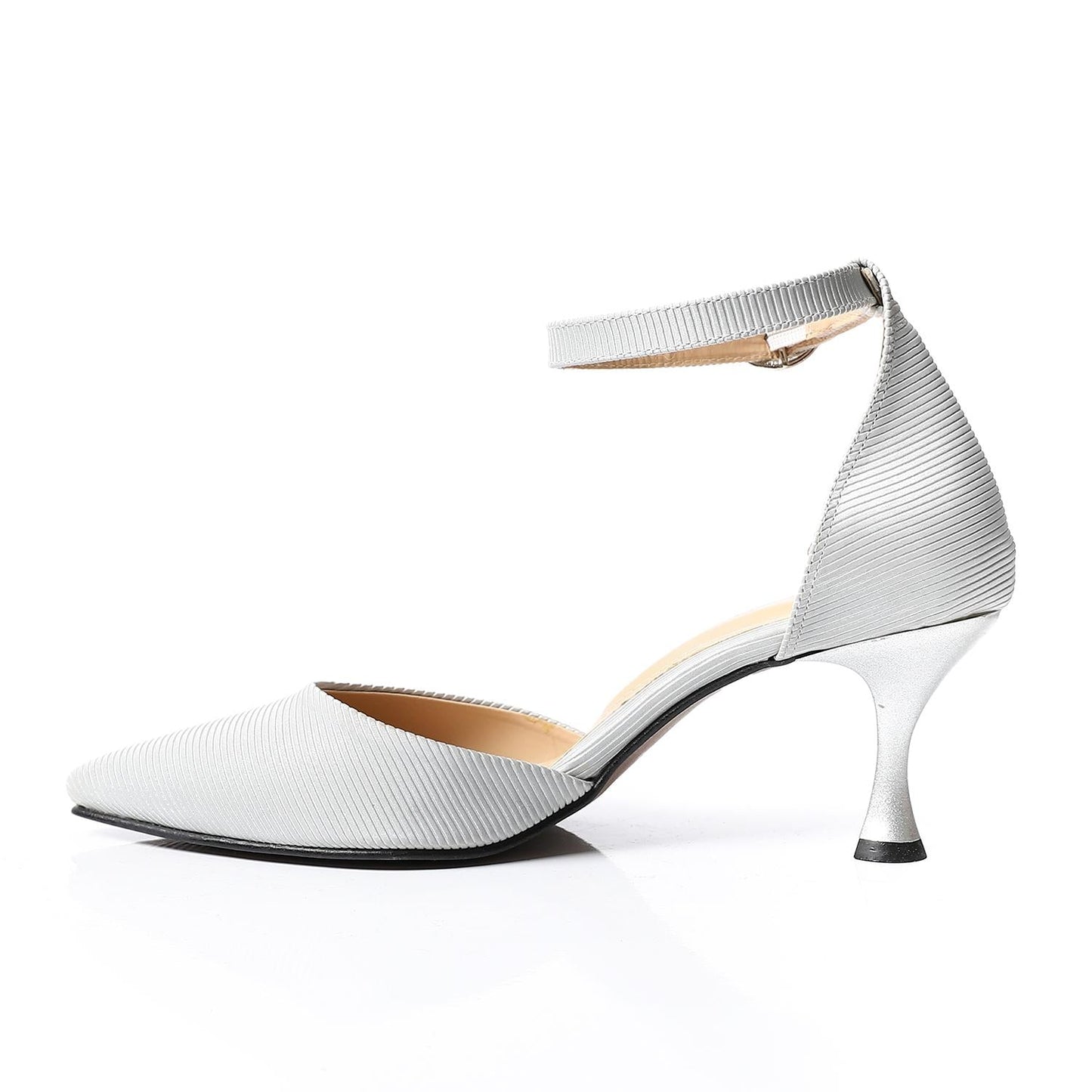 Textured Leather Ankle Strap Heels - Silver