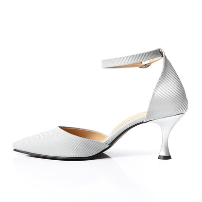 Textured Leather Ankle Strap Heels - Silver