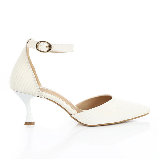 Leather Pointed-Toe Ankle Strap Heel - White