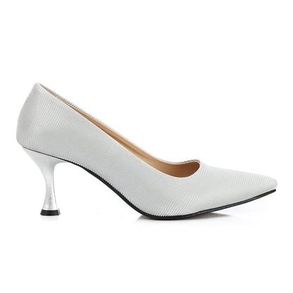 Leather Kitten High Heels Shoes - Silver