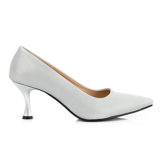 Leather Kitten High Heels Shoes - Silver