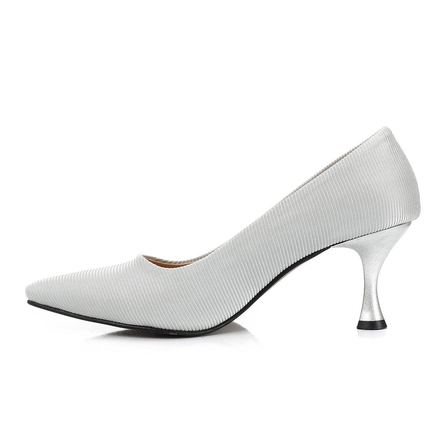 Leather Kitten High Heels Shoes - Silver