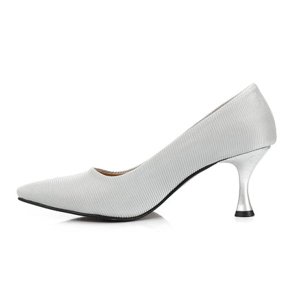 Leather Kitten High Heels Shoes - Silver