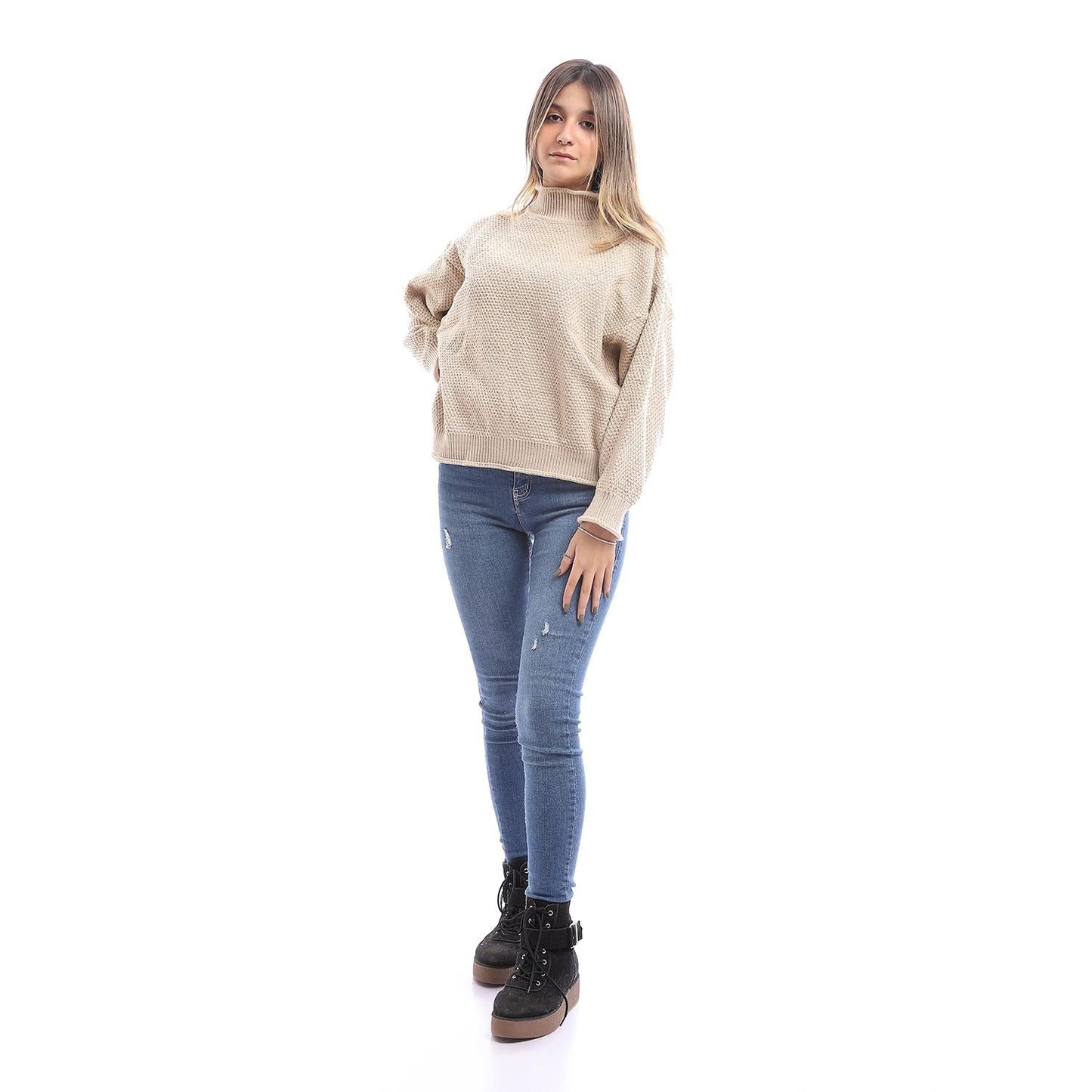 Wool Oversized Pullover Top - Beige
