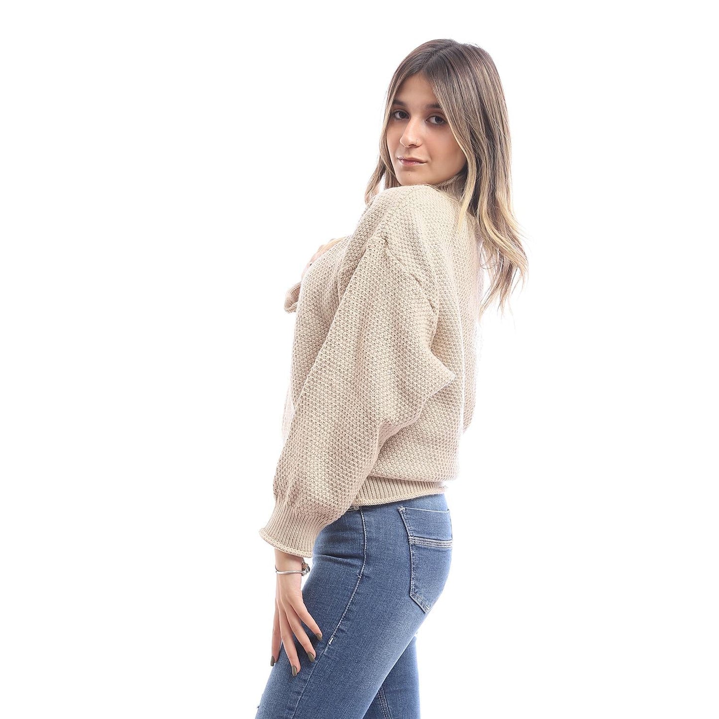 Wool Oversized Pullover Top - Beige