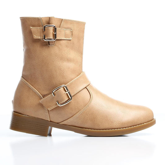 Faux Leather Ankle Boot - Beige