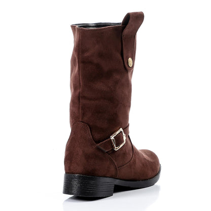 Faux Leather Mid-Calf Boots - Brown